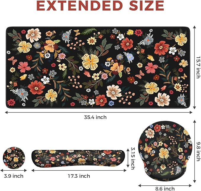 iCasso Desk Cover Mat, 4in1 Floral Large Mouse Pad with Wrist Rest, Desk Matt for Desktop, Anti-Slip XXL Big Computer Ergonomic Mousepad with Wrist Support for Keyboard and Mouse (Flowers)