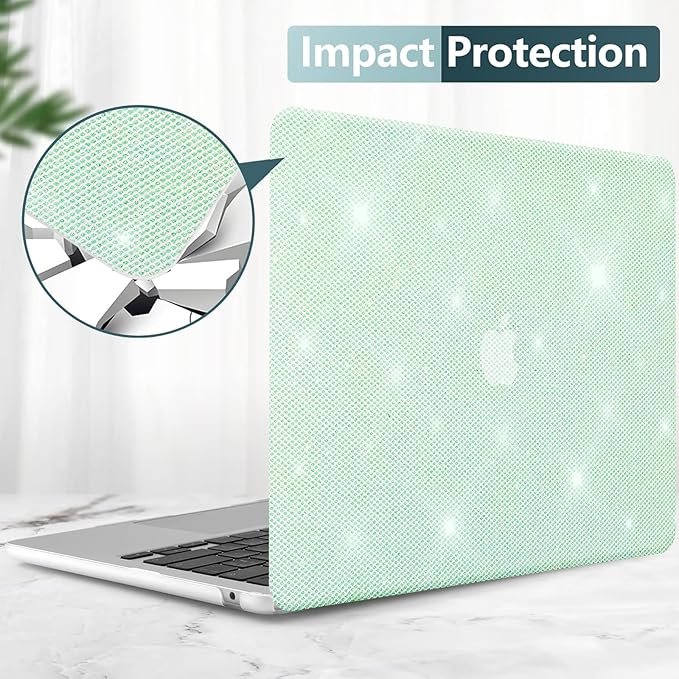 KEROM Glitter Case for MacBook Air 13 inch 2025-2022 M4 M3 M2 A3240 A3113 A2681, Luxury Bedazzled Shiny Bling Sparkle Textured PU Leather Hard Shell & Keyboard Cover for Mac Air 13.6 inch Case, Green