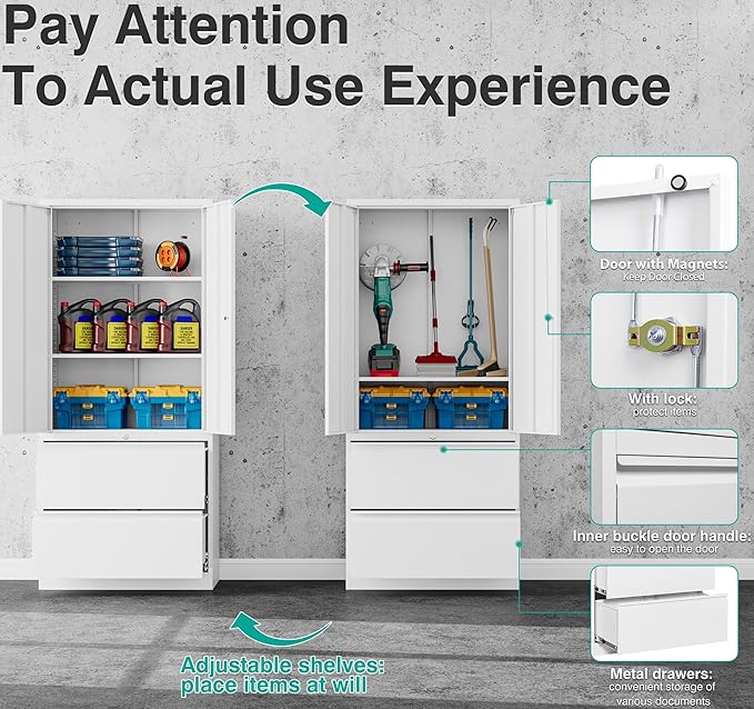 SISESOL 2 Drawer Lateral File Cabinet with Lock and Shelf,71" White Filing Storage Cabinet with Doors,Locking Metal Storage Cabinets with Drawers for Home,Office,Garage,School,Fit A4/Letter/Legal File