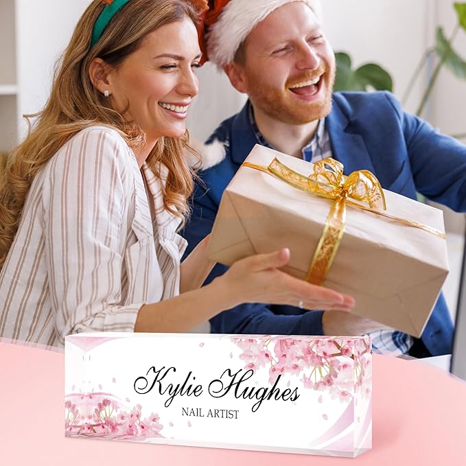 Custom Name Plate for Desk, Personalized Acrylic Office Name Sign with Name & Title, Elegant Desk Decor for Women Men, Employee Appreciation Gift (Sakura-2)