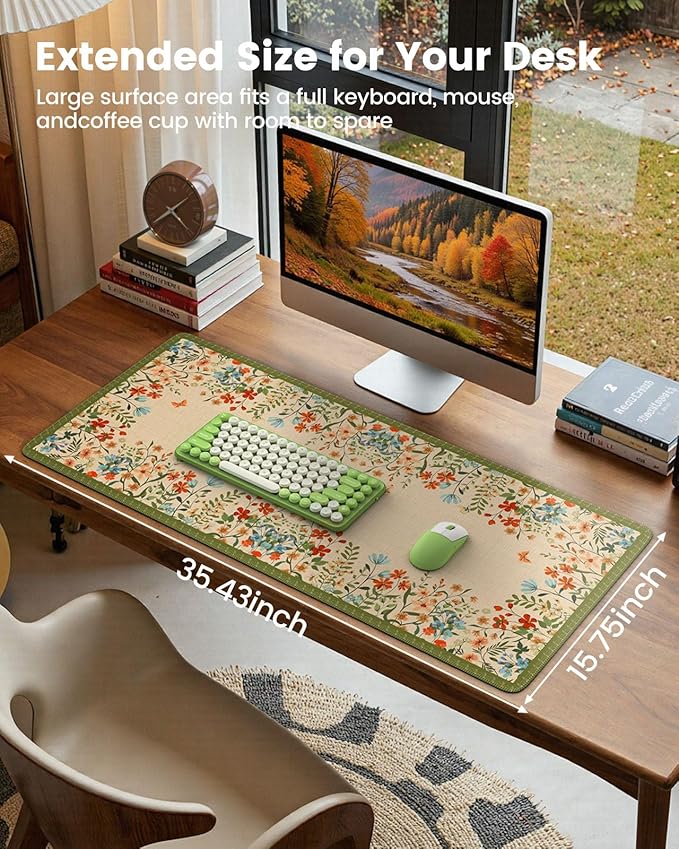 iCasso Desk Cover Mat, Extra Large Floral Mouse Pad,Desk Matt for Desktop Protector, Anti-Slip XXL Big Mousepad with Stitched Edges for Laptop Computer Keyboard(Apricot)
