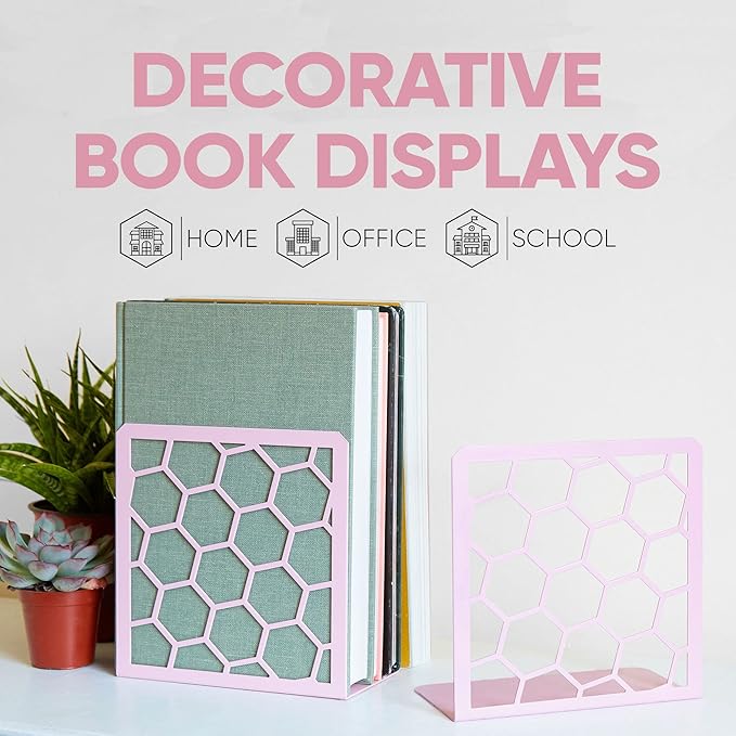GEOMOD Geometric Honeycomb Pink Metal Bookends Decorative - Tall Sturdy Book Ends for Shelves - Modern Heavy Duty Bookend Stopper - Office or Home Book Shelf Book Holder - 6x3.25x6.25 Inches - 1 Pair