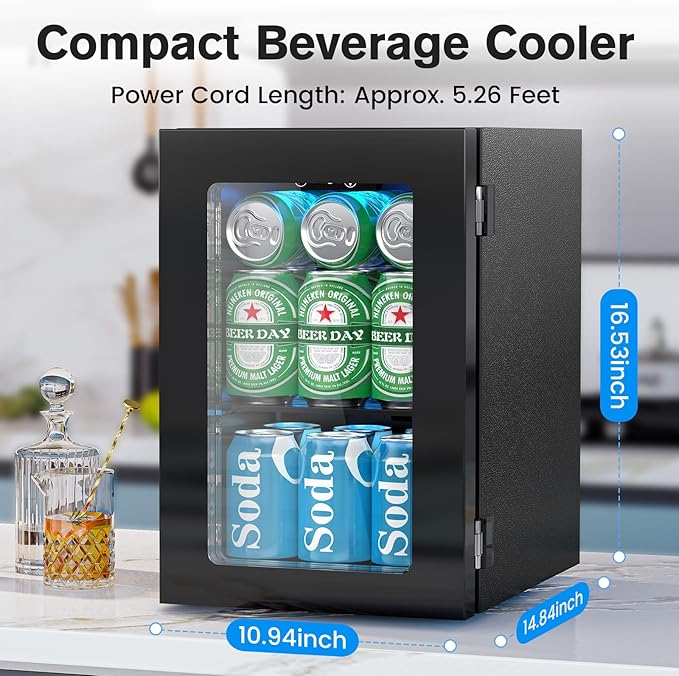 24 Cans Beverage Refrigerator Cooler, Mini Fridge Countertop Drink Cooler for Soda, Canned Beer, Adjustable Digital Temperature Control for Home Dorm Office, Black