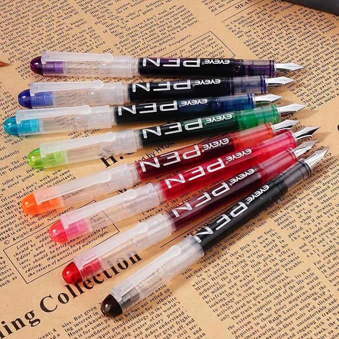 EYEYE Disposable Fountain Pens, 8 Pack Multicolor Fine Point Fountain Pens for Writing, Stainless Steel Nib, Smooth Writing for Journaling, Drafting, Sketching, Doodling & Gifts