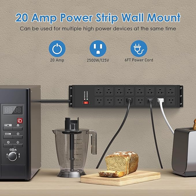 JUNNUJ Heavy Duty 20 Amp Power Strip 4800J, 16 Outlets 12 Gauge Garage Industrial Surge Protector, High Amp 5-15P Adapter Shop 6-20R T-Slot Metal Outlet, 6 FT Extension Cord Commercial for Appliance