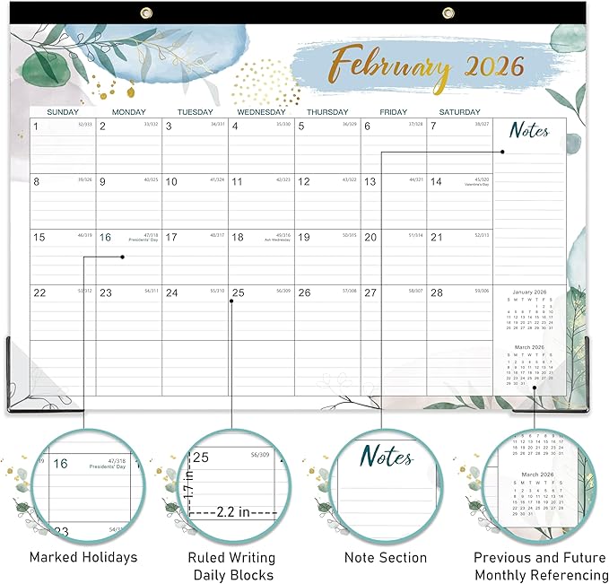 2026 Desk Calendar - Desk Calendar 2026, Jan 2026 - Dec 2026, 12 Monthly Desk/Wall Calendar Large 17" x 12", Large Ruled Blocks, Notes, Thick Paper