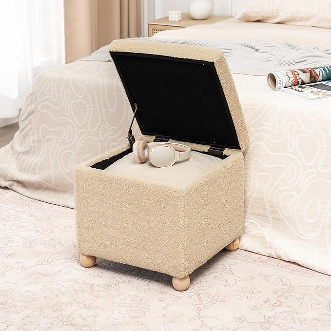 Adeco 17 Inch Soft Oatmeal Cube Ottoman Storage, Teddy Velvet Chair Foot Stools, Upholstered Vanity Stool with Hinged Lid, Solid Round Wood Legs