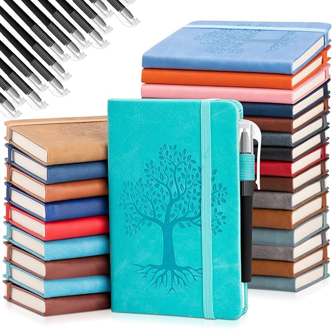 Estune Tree Small Notebooks Pen Leather Lined Pocket Subject Notebooks Hardcover Pocket Notepad Cute Ruled Leather Journals with Pen Holder for Men Women School Business, A6(Classic Color,30 Set)