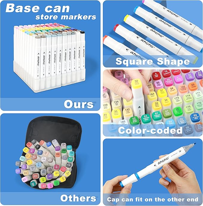 anono 80 Colors Alcohol Markers Set, Coloring Markers with Chisel and Fine Tips, Includes Carrying Case, Suitable for Book Painting and Coloring, White Barrel