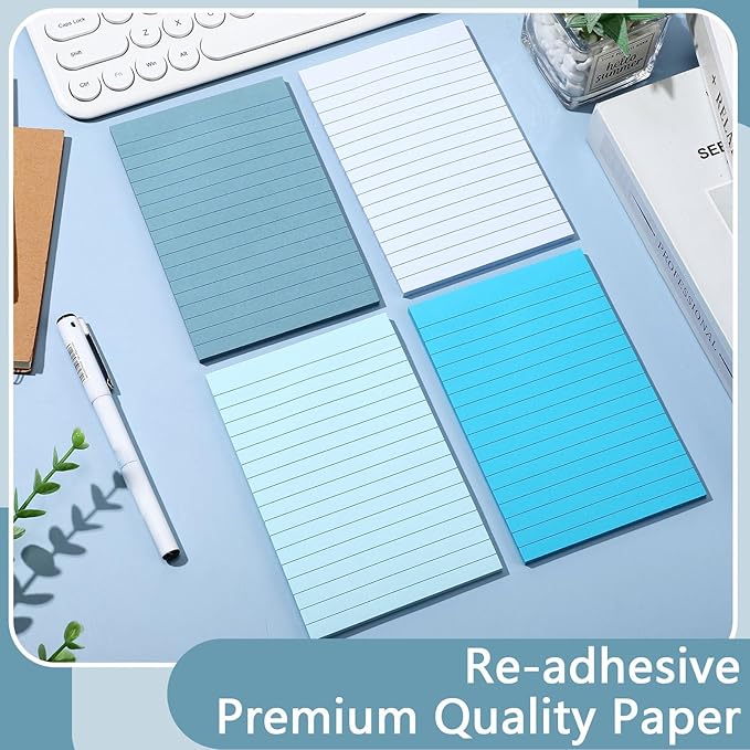 12 Pads Blue Boho Sticky Notes 4x6 with Line, Lined Self Stick Notes Pads Boho Office Supplies, Vintage Aesthetic School Accessories 50 Sheets/pad