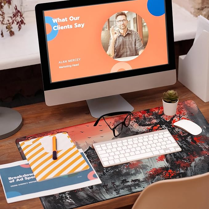 Desk Mat, Red Landscape Painting Desk Pad, Ink Painting Large Gaming Mouse Pad for Desk, 31.5"x15.7" Extended Big Computer Keyboard Mouse Pad with Non-Slip Base and Stitched Edge