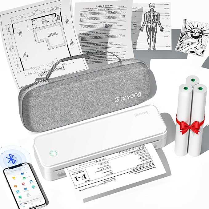 Inkless Portable Printer for Travel, Wireless Thermal Printer Supports 8.5 x 11 Inch US Letter Size, Bluetooth Machine Includes Carry Case and 3 Rolls of Thermal Paper Kit, White