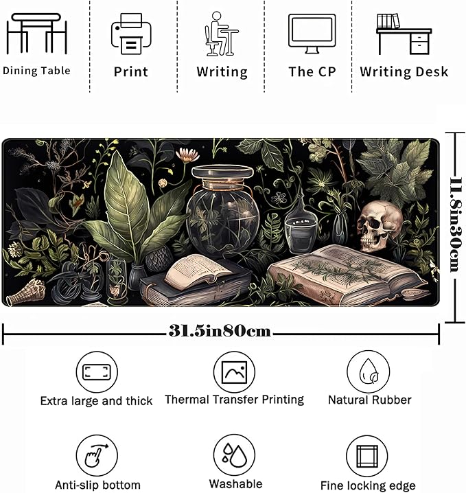 Dark Academia Desk Mat Mouse Pad XL Extended Large Gaming Desk Pad Mousepad, Mystical Green Plant Computer Laptop Keyboard and Mouse Mat, Desktop Protector Mat for Women Girl Office 31.5x11.8 in