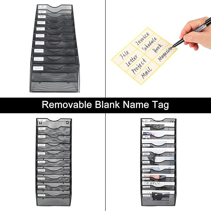 PAG Hanging Wall File Holder Organizer Mail Sorter Literature Rack for Office, 10 Pockets, Black