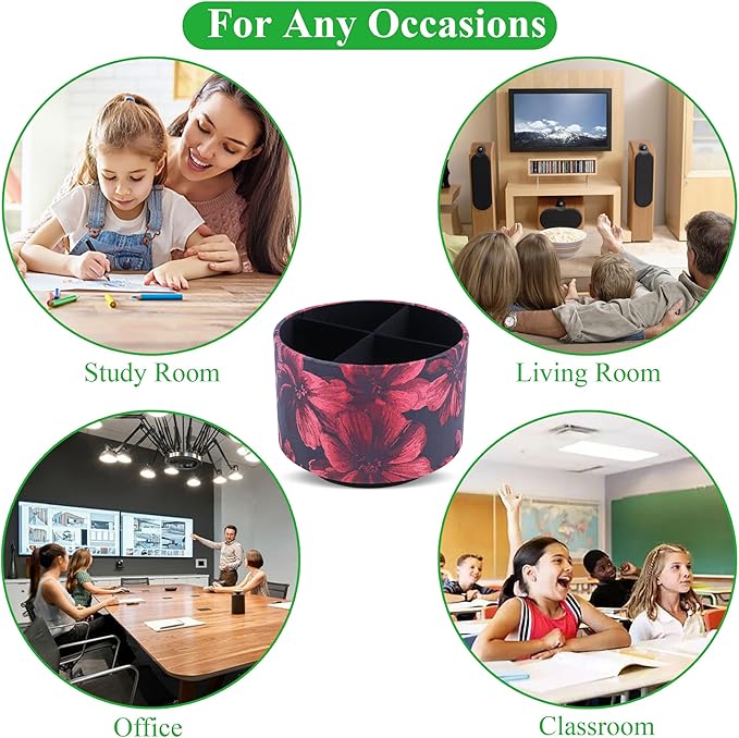 QIELIZI Round Leather Art Supply Organizer,Remote Control Holder,360 Degree Rotating,Multi-Functional Pencil Holder,4 Compartments Desktop Stationary Organizer(1-Dahlia Red)
