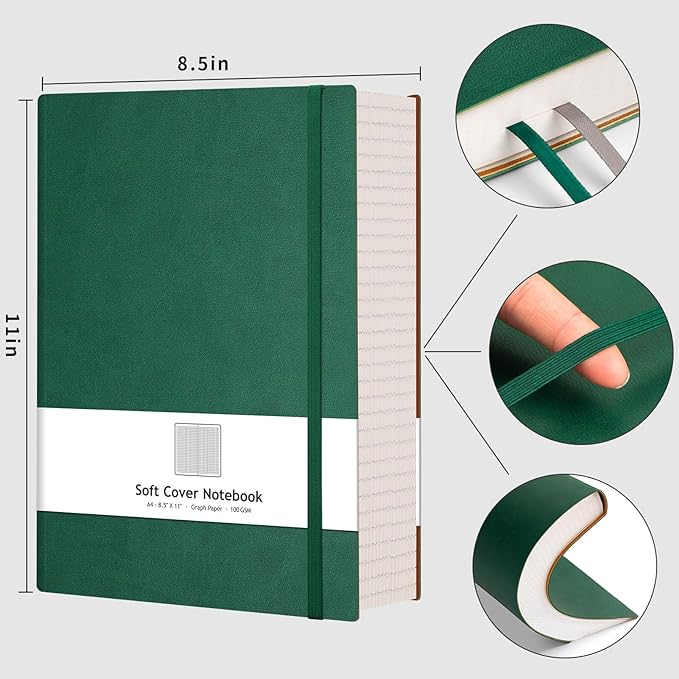 AHGXG Graph Paper Notebook - Grid Paper Notebook Large A4 8.5''×11'', 320 Pages Thick Journal, 100gsm Thick Graph Paper, Leather Softcover, Inner Pocket - Green