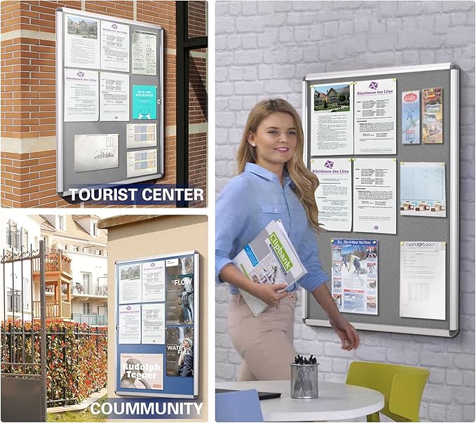 SWANCROWN Lockable Notice Board Tamperproof Enclosed Display Board for Home Office School,Wall-Mounted,Blue Fabric,26x20inch(4xA4)