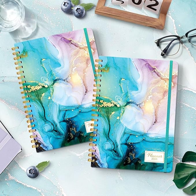 2026 Planner, A5 Weekly and Monthly Planners with Tabs, Spiral Bound Daily Calendar 2026 Planner, Agenda Organizers from Jan. to Dec., Hardcover Habit Tracker Journal 6.18" x 8.5"(Cyan Marble)