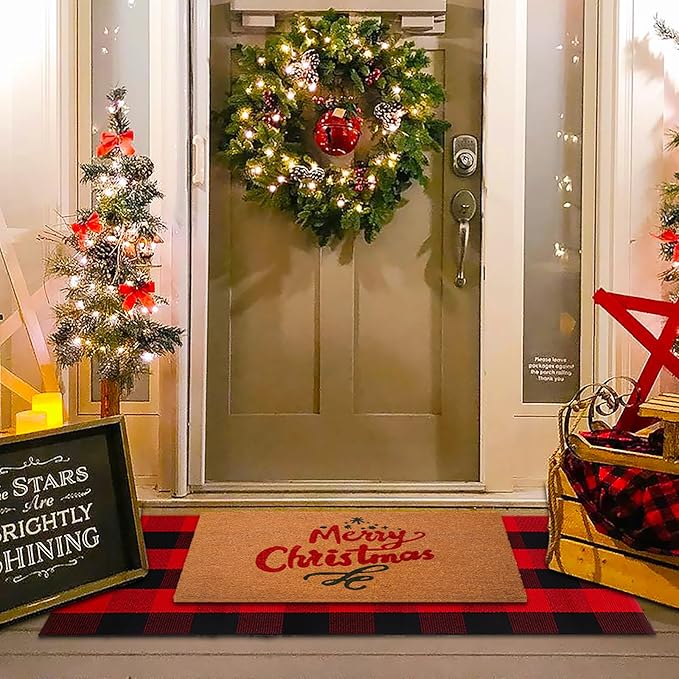 Christmas Red and White Plaid Rug, 24 x 51 Inches Cotton Hand-Woven Layered Door Mat for Front Porch, Entryway, Outdoor Holiday Decor, Washable Buffalo Check Rug for Home, Patio, Kitchen