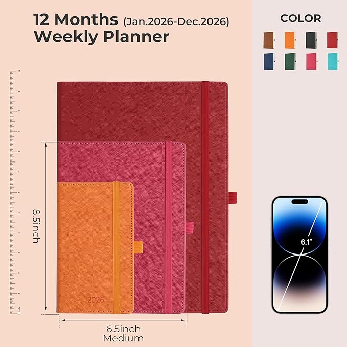 IN-LUXPRO Weekly Monthly 2026 Planner (Jan.26-Dec.26),8.5"x6.5",12 Months Agenda Plan with Month Tabs & Pocket,Expenses/Note Pages, Appointment Book Calendar with Hardcover Vegan Leather Cover,Red