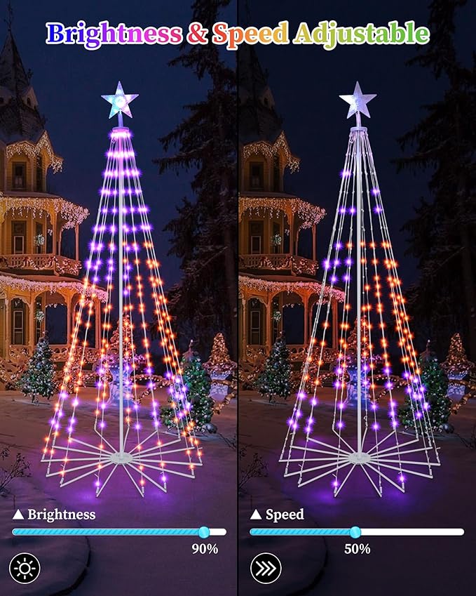 Brightever Smart Christmas Cone Tree, 7FT 295 LED Outdoor Christmas Tree Prelit with 16 Million RGB Light Show, APP/Remote Control Color Changing Music Sync Outdoor String Lights for Xmas Decorations