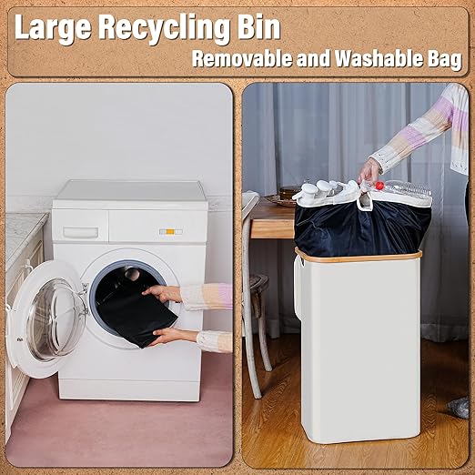 efluky Recycling Bin 100L, 26 Gallon Recycle Bins for Kitchen Indoor Outdoor Home with 2 Removeable and Reusable Inner Bag, Tall Recycle bin for Bottle Can Plastice Stickers (Beige)