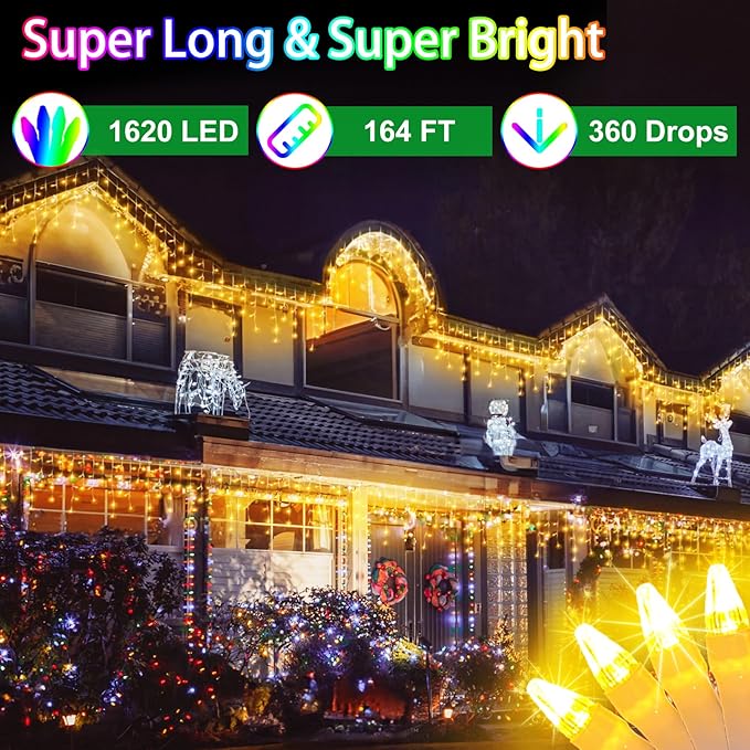 164FT 1620 LED Outdoor Christmas Lights - 360 Ice Drops, 12 Pro Modes with Timer Memory & Brightness, Waterproof Hanging Ice String Light for Holiday Wedding Garden Fence House Decor (Warm White)
