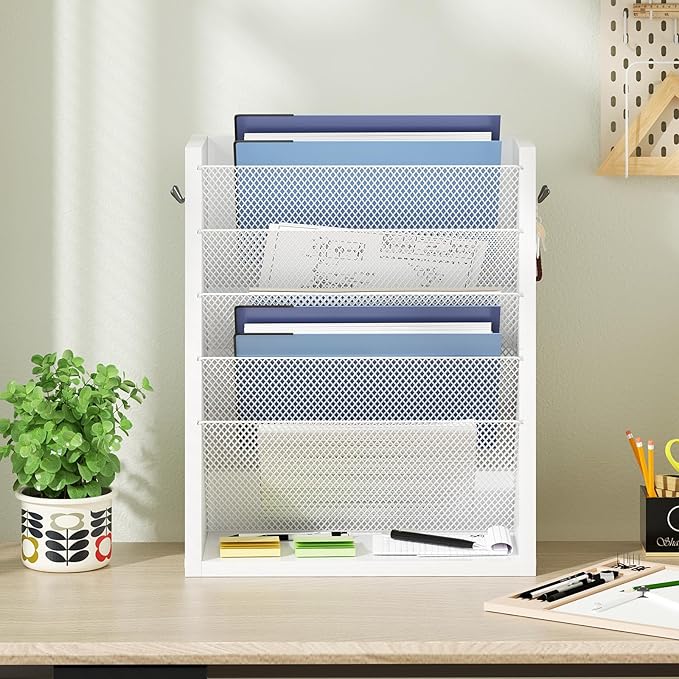 Hanging Wall File Organizer, 6 Tier Wood Wall File Holder with 2 Hooks, Mail Organizer Wall Mounted with Bottom Flat Tray, Vertical Paper Desk Storage for Office, Home, White