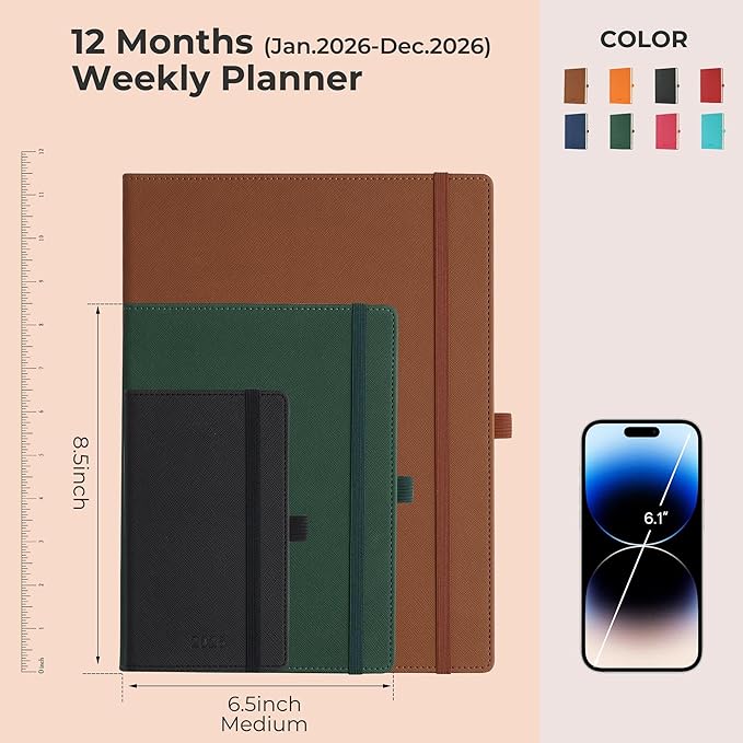 Weekly Monthly 2026 Planner (Jan.26-Dec.26),8.5"x6.5",12 Months Agenda Plan with Month Tabs & Pocket,Expenses/Note Pages, Appointment Book Calendar with Hardcover Vegan Leather Cover,Black