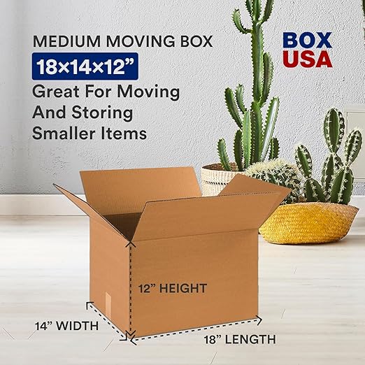 BOX USA Moving Boxes Medium 18"L x 14"W x 12"H 10-Pack & Heavy Duty 2in x 25yd Clear Packaging Tape with Dispenser - for Shipping, Mailing, Packing, Packaging and Storage