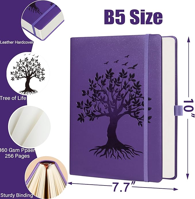 ZXHQ B5 Bullet Dotted Journal Notebook for Women:150gsm Thick Paper, 256 Pages, Dot Grid Hardcover, Tree of Life Design, Fine Inner Pocket - 7.7" × 10" Purple