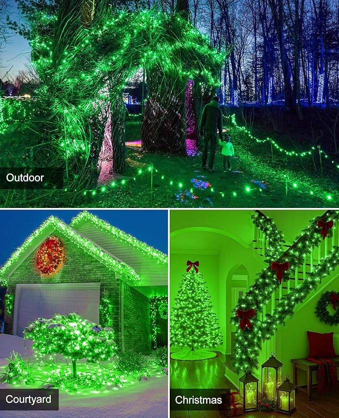 197FT 600 LED Christmas Lights Outdoor, Plug in Christmas Tree Lights 8 Modes, Waterproof Green Wire String Twinkle Lights for Indoor Bedroom House Patio Garden Party Holiday Decorations, Green