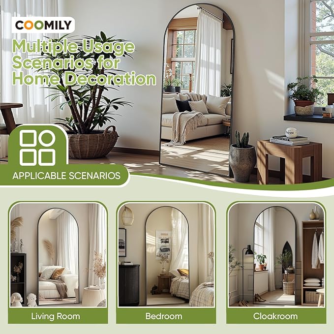 Full-Length Floor Mirror with Stand, 58"x21" Arched Style Full Body Standing Mirror for Bedroom, Living Room, Gym, Dorm - Shatter-Resistant & Easy Assembly, Black