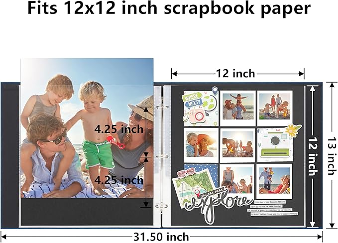 Vienrose Scrapbook Photo Album 12x12 Inch 3 Ring Binder, Linen Cover Large DIY Scrapbooks with 30 Sheets Plastic Sleeves 60 Pages Blank Black Inner Pages for Wedding Birthday Travel Baby Photos Blue