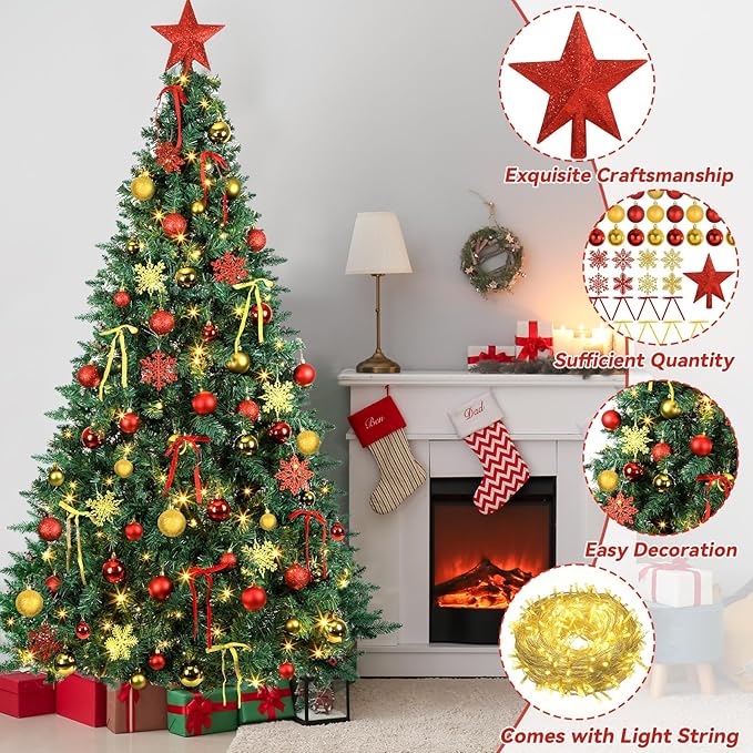 86Pcs Led Light Red and Gold Christmas Tree Decorations Set 100 Led Light Christmas Star Trees Topper with String Lights Xmas Balls Snowflakes Ornaments Bows Xmas Trees Decor 20m Light String