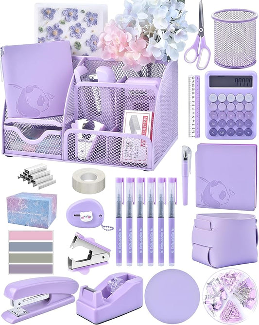 23pc Purple Desk Accessories and Organizers with Mesh Organizer Stapler Tape Dispenser Calculator and a Lot of Office Purple Office Supplies Beautifully Presented in a Gift Box