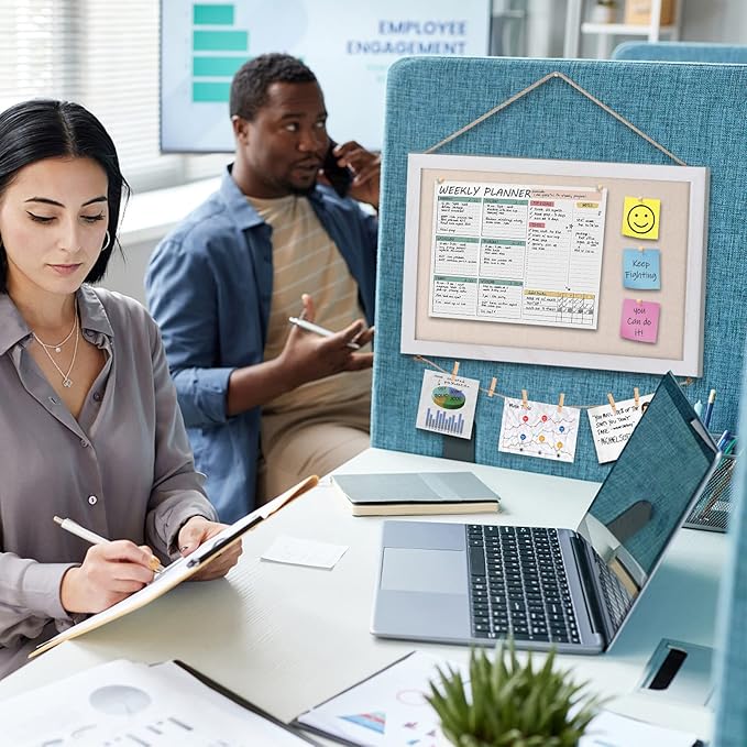 Miratino Cork Board Bulletin Board, 16 "x11 White Linen Cork Boards for Walls with White Frame, Pin Board Vision Board for Home Kitchen School Office Decor