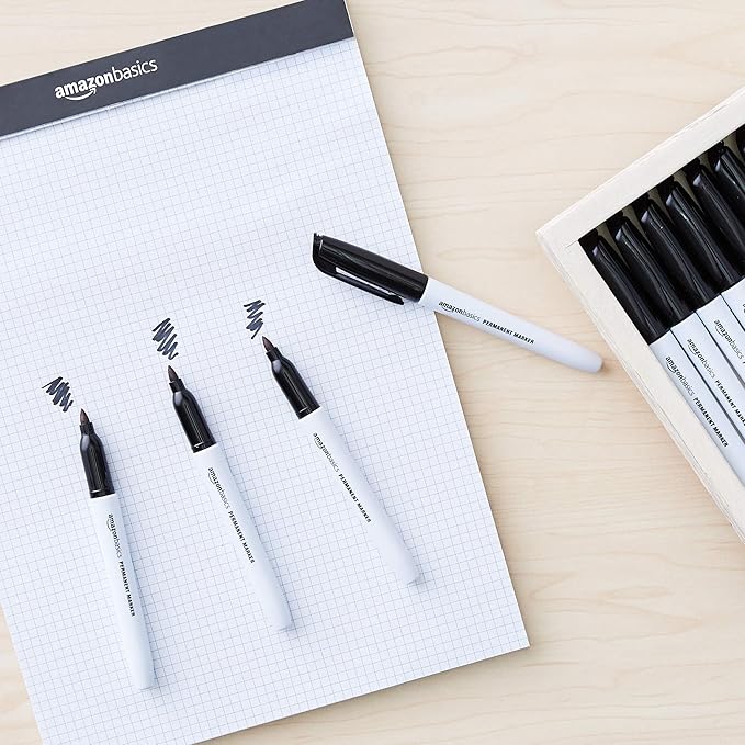 Amazon Basics Fine Tip Point Permanent Markers for Office, School, and Home Use, Black, 24 Pack