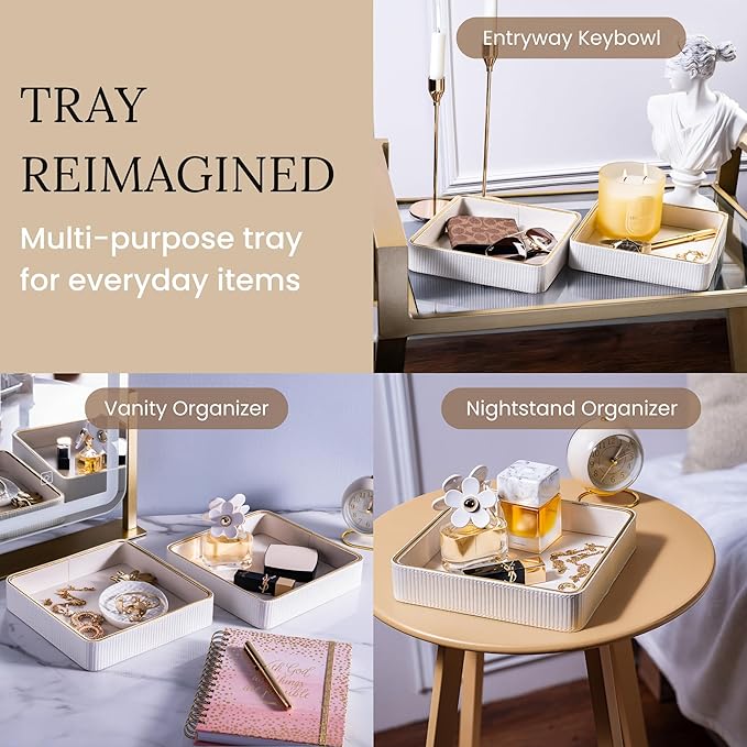 2 Pack White Catch All Trays for Jewelry| Small Leather Valet Tray| Key Bowl for Entryway Table EDC Trinket Tray Catch All| Perfume Trays for Dresser Organizer Perfume Holder (Set of 2)