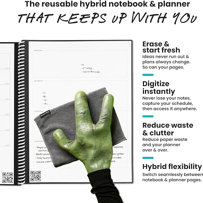 Rocketbook Fusion Reusable Undated Productivity Planner, Letter Size 8.5x11, Maroon - Goals, Monthly and Weekly Calendar, Daily To-do List, Lined and Dotted Notes Pages