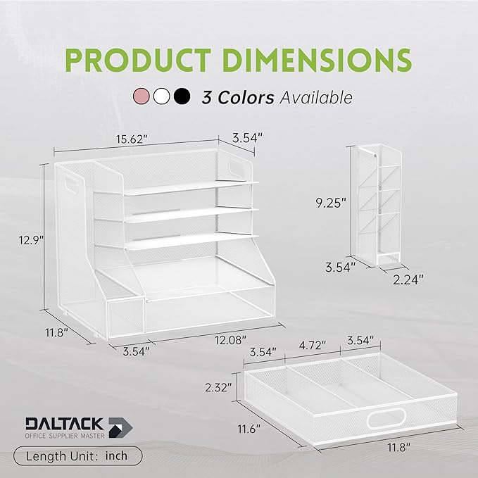DALTACK Mesh Desk Organizer, 5-Tier Paper Letter Tray with File Holder & Pen Holder & Sliding Drawer, Desktop Organizer and Storage for Desk Accessories Office Supplies, White