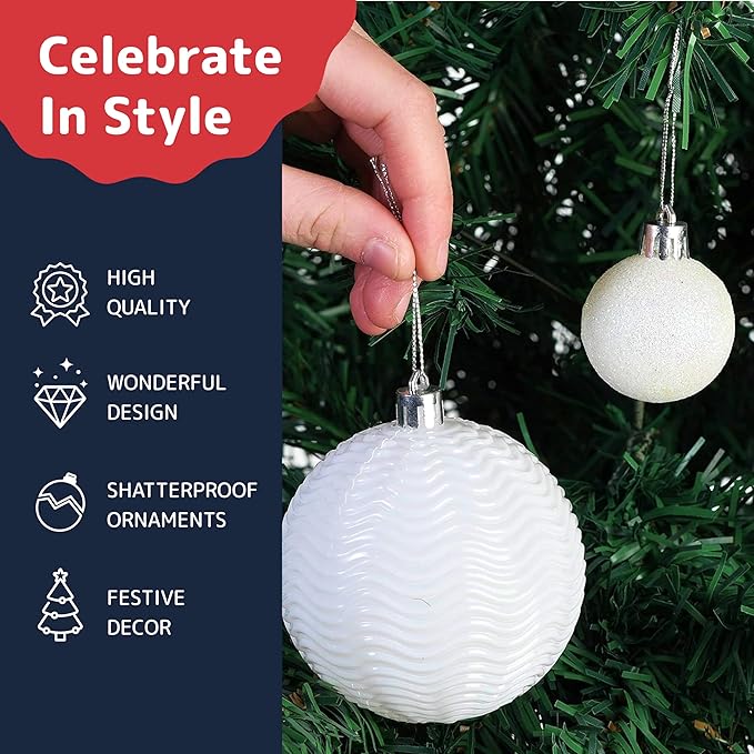 Prextex 36 Piece White Christmas Ornaments and Balls - White Ornament Set with 3 Sizes and 6 Styles - Shatterproof Christmas Ornaments for Tree, Wreath, and Holiday Decor for Indoor or Outdoor Display