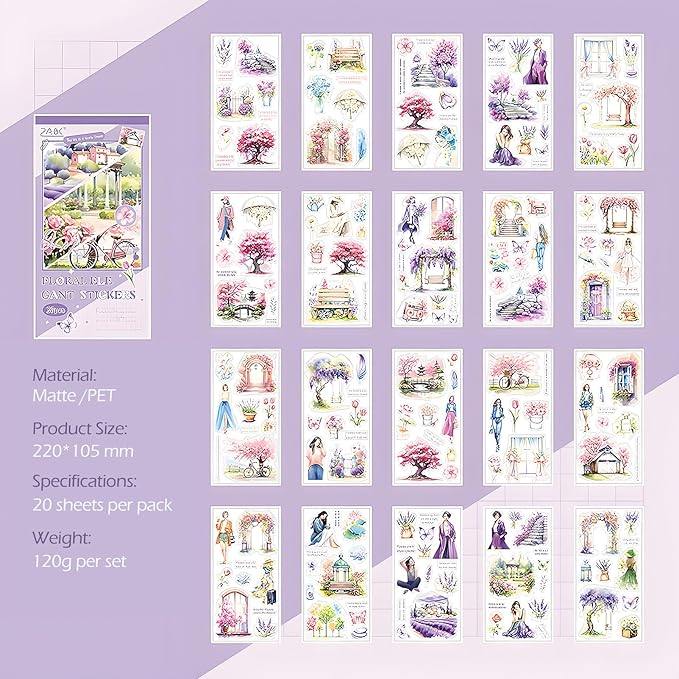 Snycler Purple Flower Series Sticker Book - 20 Sheets Vintage PET Stickers for Scrapbooking, Junk Journaling, Ephemera, and Decorative Crafts - Pre-Cut Floral Design Stickers