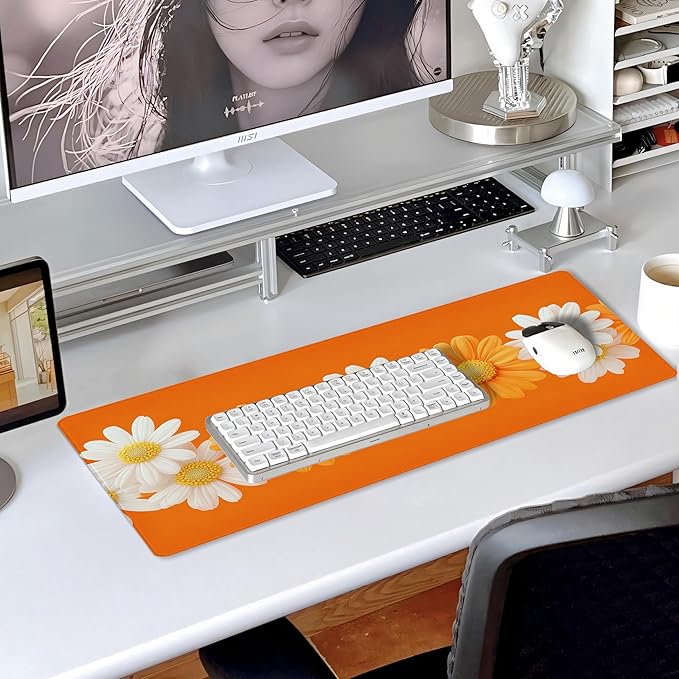 31.5”x11.8”Large Gaming Mouse Pad for Desk, Mouse Mat with Seamed Edges, Waterproof Desk Pad, Non-Slip Rubber Base, Keyboard Pad Computer Mat, Big XL Mousepad-Daisy on Orange