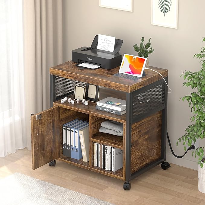 Unikito Lateral File Cabinet, Locking Office Filing Cabinets with Socket and USB Charging Port, Modern Rolling Printer Stand with Storage for A4, Letter Size and File Folders, Rustic Brown
