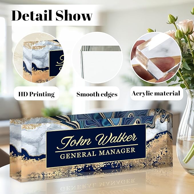 Ship Next Day Personalized Name Plate for Desk, Custom Acrylic Desk Name Sign, Office Appreciation Gifts for Women Men Coworkers Boss Teacher Employee (Navy Coast)