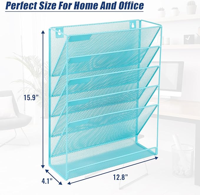 EASEPRES Desk File Organizer Mesh 6-Tier, Hanging Wall Mount Document Organization Stand, Desktop Vertical Mail Paper Folder Holder Rack with Bottom Tray for Office Home Cubicle Countertop, Blue