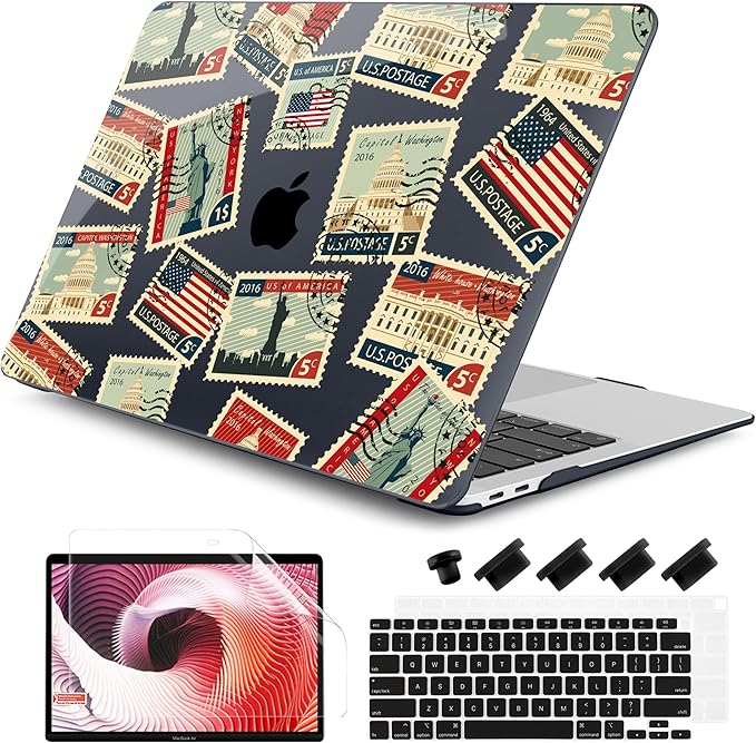 DONGKE for MacBook Air 13 Inch Case 2021-2018, Compatible with A2337 M1 A2179 A1932 Support Retina Display & Touch ID, Hard Shell Plastic Cover with Keyboard Skin - Classic Stamps