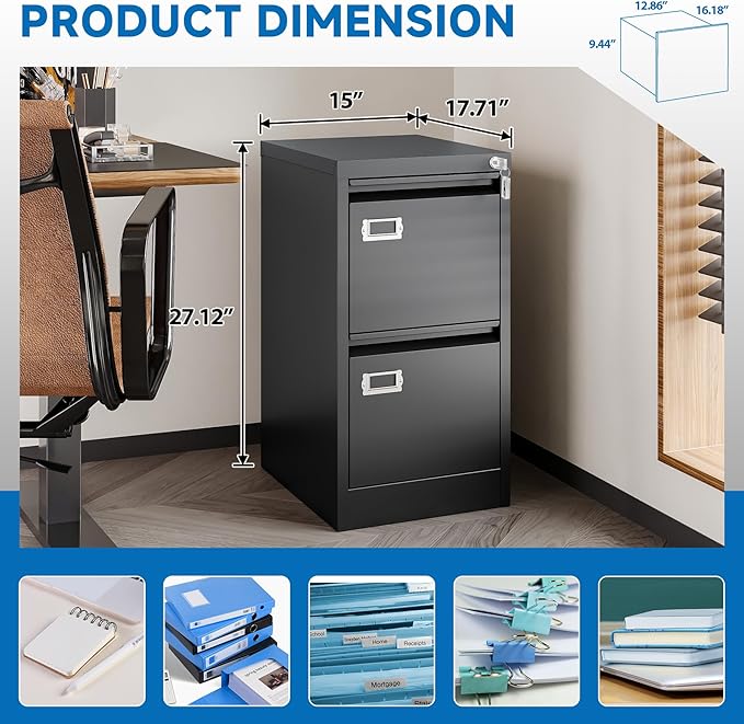 2 Drawer File Cabinet with Lock Metal Vertical Filing Storage Cabinet Office Home Steel Vertical File Cabinets for A4 Legal/Letter Size Narrow File Cabinet Locked,Assembly Required