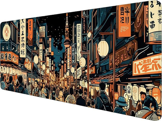 Japanese Street Desk Pad Mouse Pad Anime Tokyo Night Market XL Mouse Pad Large Mousepad Extended Laptop Keyboard Mat Gaming Desk Pad Mouse Mat Office Computer Keyboard Laptop Home 31.5"x11.8"
